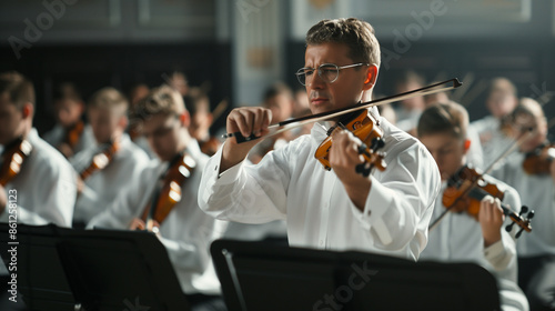 'students in a music class practicing instruments for a performance, teacher conducting' 