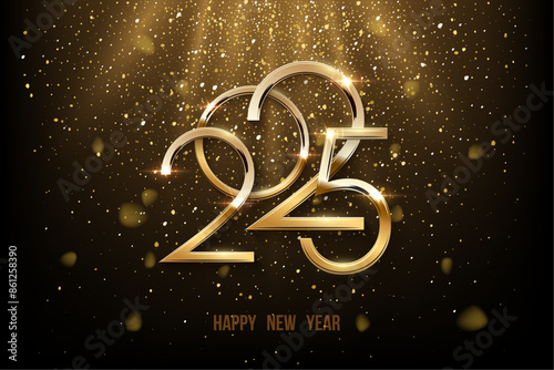 2025 Happy New Year greeting card vector illustration. 2025 golden numbers with gold falling confetti decoration and glow light effect, festive sparkle of tinsel texture in holiday design background