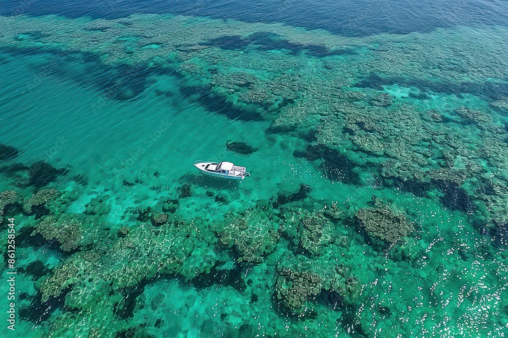 Fototapeta premium One small white boat cruising along the reef in Exmouth, Western Australia. Beautiful turquoise water and corals view from the sky. Scenic flight with a drone.