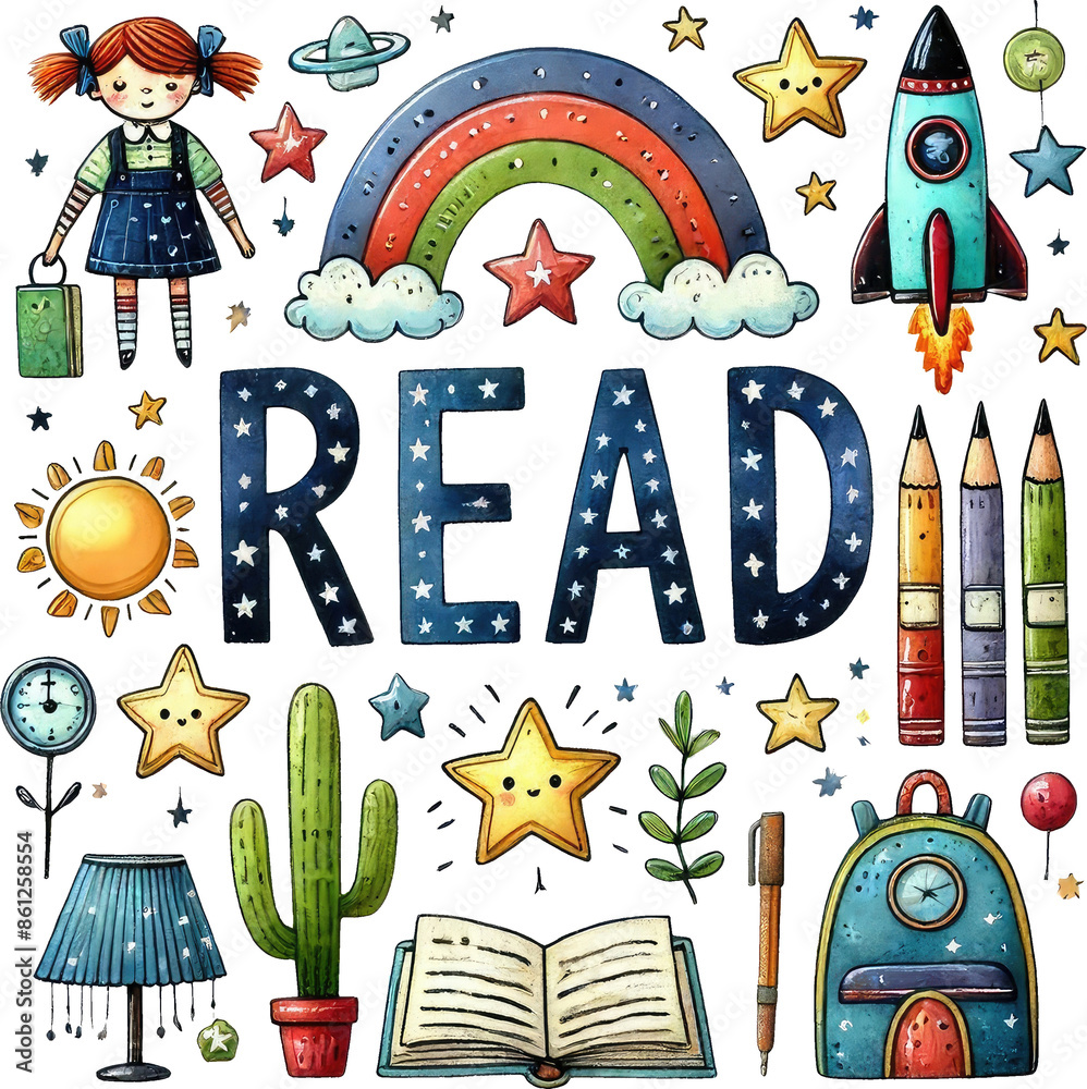 Fototapeta premium Watercolor Back to School Clipart PNG with playful designs of school supplies, perfect for enhancing kid's learning experiences and classroom activities. Ideal for teachers and students educational.