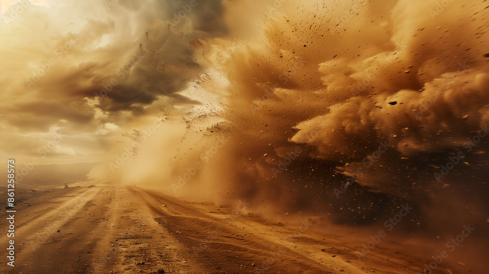Dynamic cloud of dust and sand, capturing the intense motion and ...