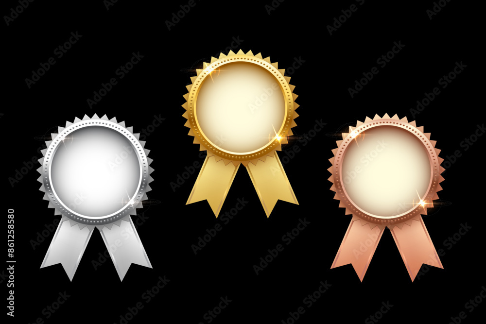 Medals for first, second, third place with ribbons. Gold, silver and bronze ranks on black background. Award nomination. Championship in sport or movie vector illustration Medals for first, second, third place with ribbons. Gold, silver and bronze ranks on black background. Award nomination. Championship in sport or movie vector illustration