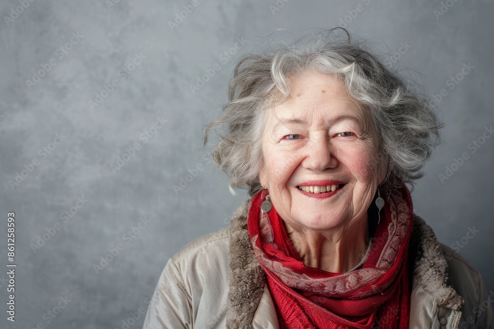 Portrait of a grinning caucasian woman in her 70s smiling at the camera while standing against plain cyclorama studio wall Portrait of a grinning caucasian woman in her 70s smiling at the camera while standing against plain cyclorama studio wall