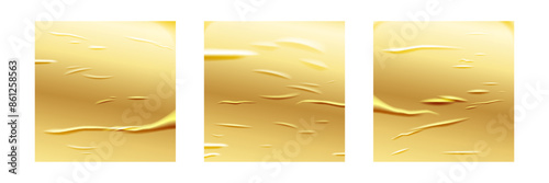 Wrinkle gold paper square poster set. Glued effect background. Vector realistic crumpled sticker. Wet greased wrinkles blank texture. Empty advertising column mockup for creative design