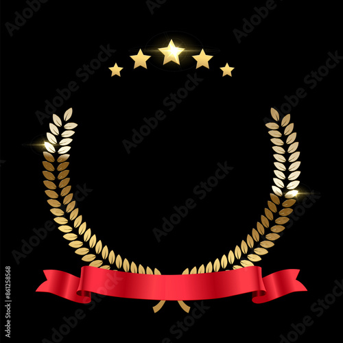 Gold laurel wreath with red ribbon, stars and place for name of winner. Award icon. Champion reward. 3d realistic luxury leadership prize for awarding ceremony, competition, championship, best player