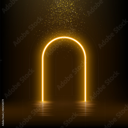 Gold neon light arch. Glow door in futuristic style with falling glitter effect. Abstract golden fairy arc with reflection in water under rain of luxury confetti vector illustration