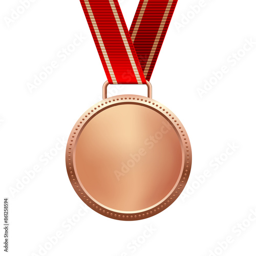 Bronze medal with red ribbon third place vector illustration. Realistic isolated trophy medal with metal reward badge for winners and champions