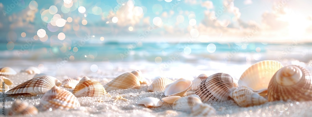View of the beach with shells scattered on the white sand against the backdrop of the beautiful blue sea and soft, warm sunlight View of the beach with shells scattered on the white sand against the backdrop of the beautiful blue sea and soft, warm sunlight