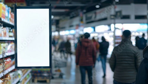 Wallpaper Mural Photo of a blank billboard hanging in the center of an empty supermarket, with blurred people walking around and shelves filled with products. Torontodigital.ca