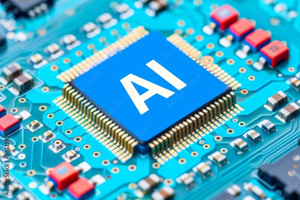 AI circuit board with blue glowing AI text, symbolizing advanced technology and artificial intelligence, high tech illustration AI circuit board with blue glowing AI text, symbolizing advanced technology and artificial intelligence, high tech illustration