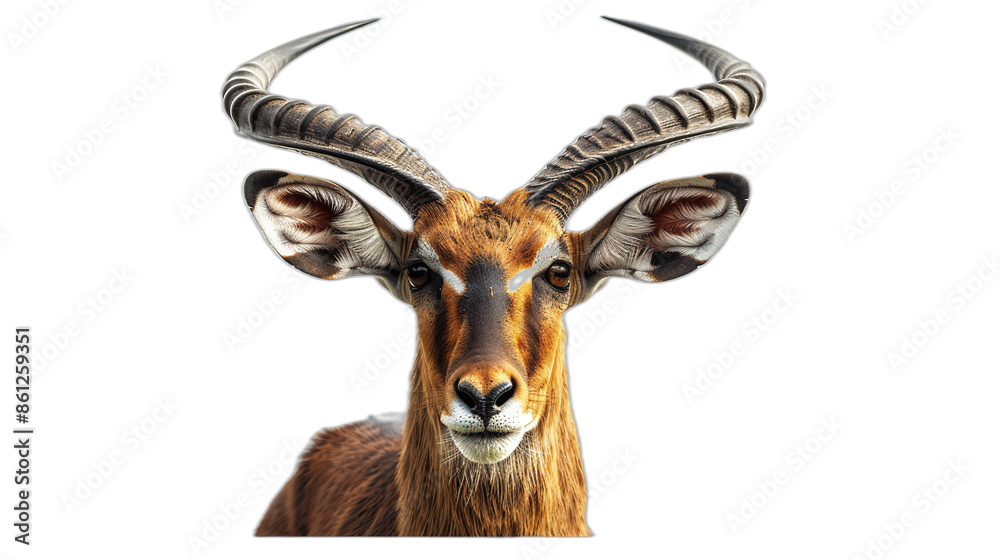 A close-up portrait of a male impala with large curved horns on a transparent background A close-up portrait of a male impala with large curved horns on a transparent background