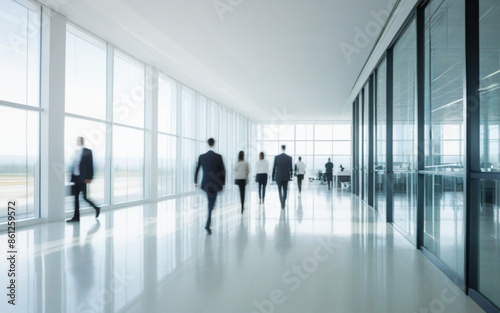 interior of a business company with walking business people in motion blur