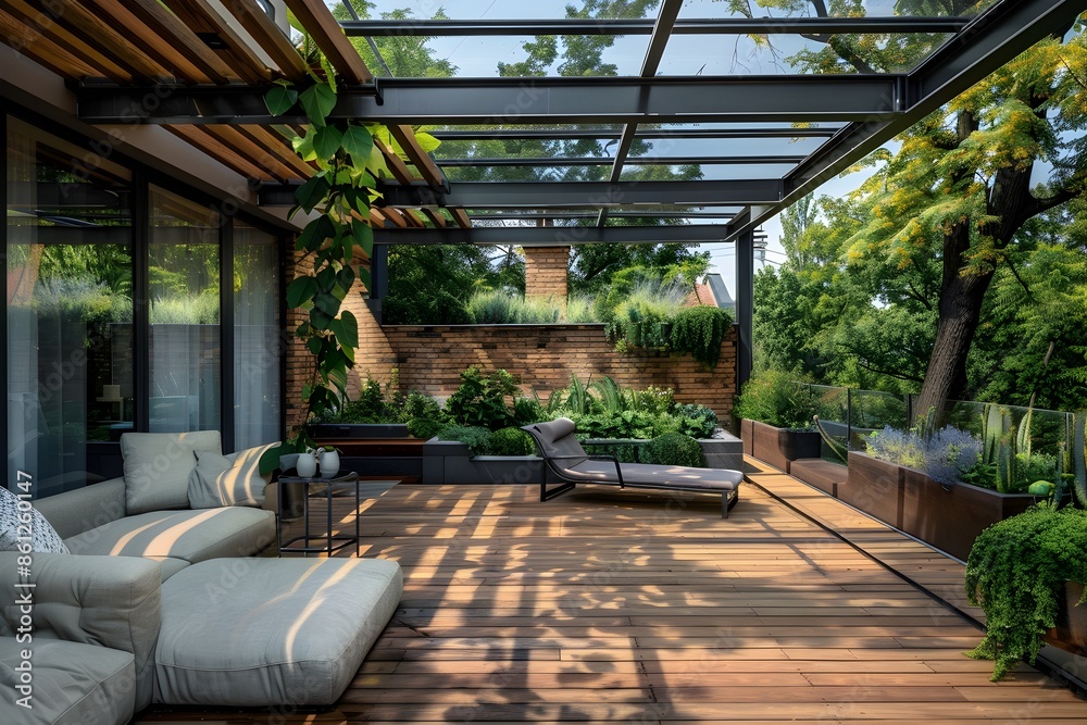 Elegant Rooftop Patio with Lush Greenery and Cozy Outdoor Furnishings Elegant Rooftop Patio with Lush Greenery and Cozy Outdoor Furnishings