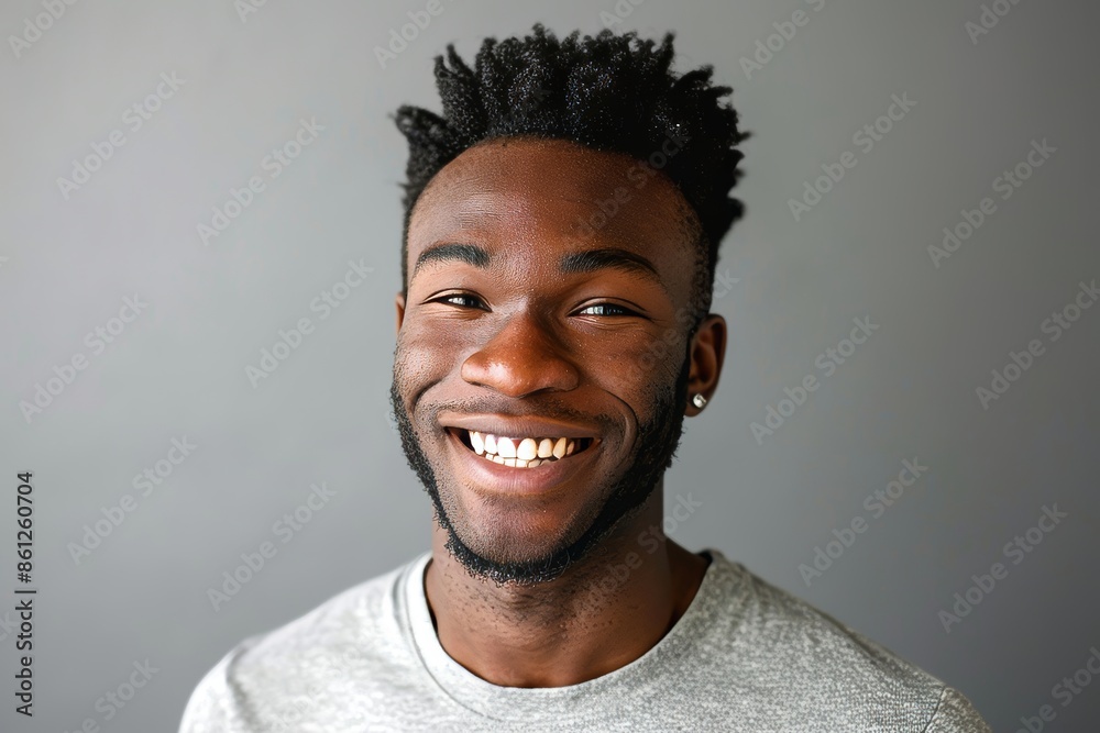 Portrait of a tender afro-american man in his 20s smiling at the camera isolated on plain cyclorama studio wall Portrait of a tender afro-american man in his 20s smiling at the camera isolated on plain cyclorama studio wall