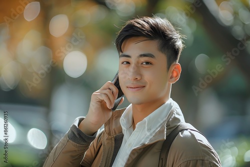 Man speaking on phone in park photo