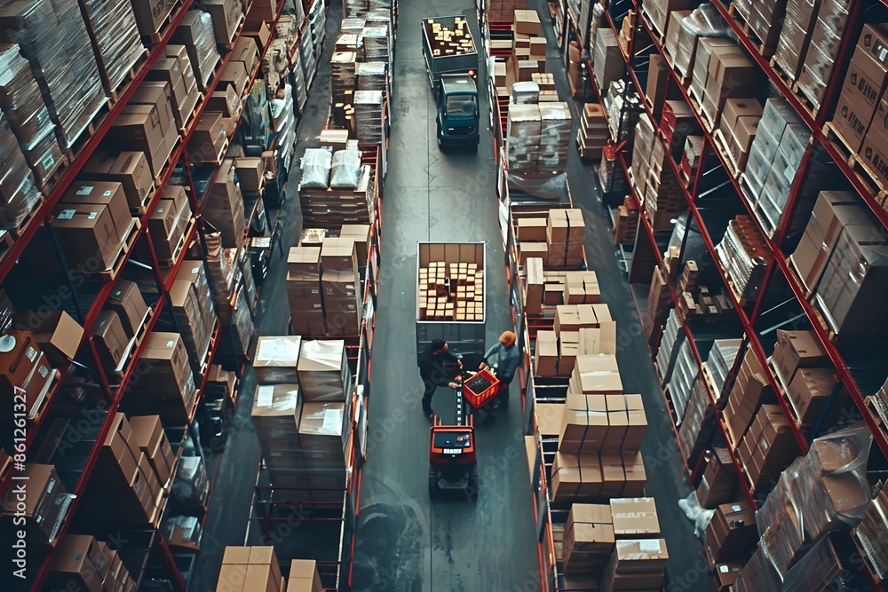 Obraz premium Truck navigating warehouse amidst boxes