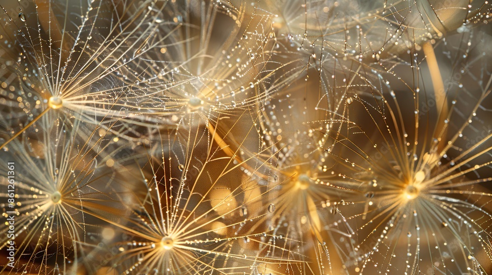 Obraz premium Close-up view of a soft dandelion field with morning dew drops and soft sunlight in the background.