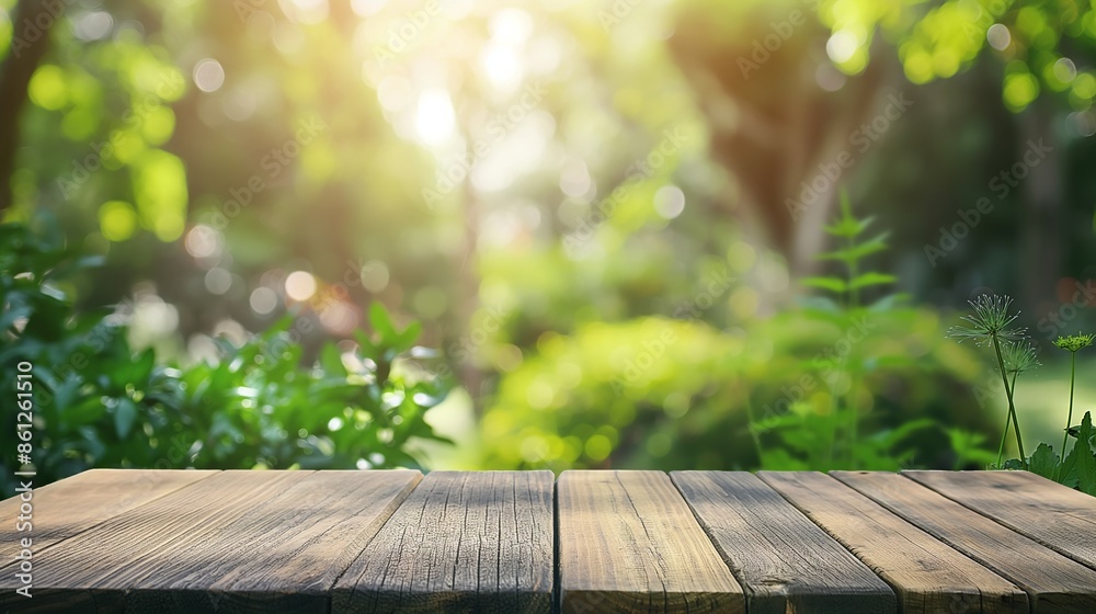 Wooden table with a blurred green nature garden background, creating a serene and natural setting. Wooden table with a blurred green nature garden background, creating a serene and natural setting.