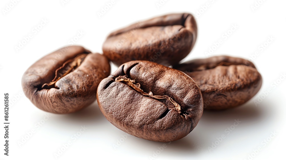 Close-up of Coffea arabica coffee bean cluster, isolated on white, high detail Close-up of Coffea arabica coffee bean cluster, isolated on white, high detail