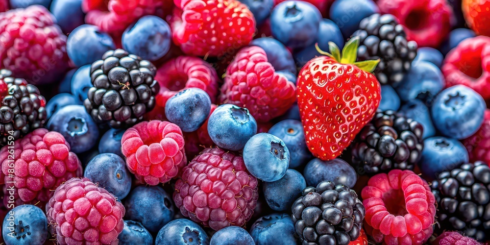 A close-up shot of vibrant raspberries, blueberries, and blackberries, healthy, fruits, berries, fresh, juicy A close-up shot of vibrant raspberries, blueberries, and blackberries, healthy, fruits, berries, fresh, juicy