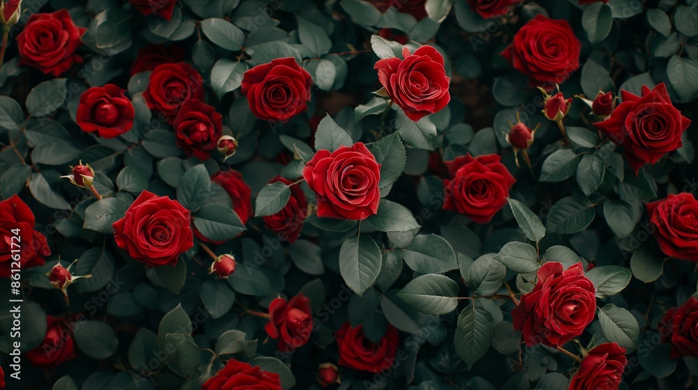 A vivid display of beautiful red roses amidst lush green foliage, exemplifying the charm and elegance of nature's beauty in full bloom.