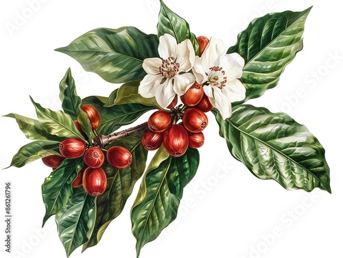 Coffea arabica plant with fruit and flowers, isolated on white, botanical accuracy