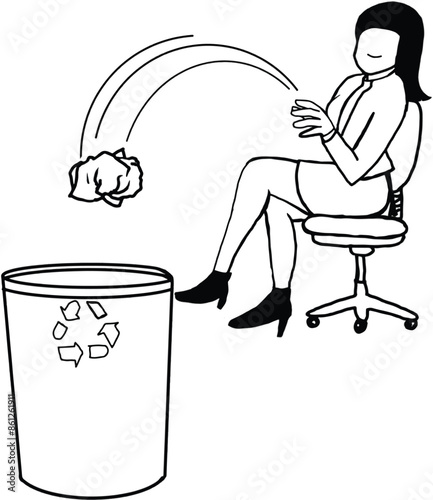 Office woman throws paper into the trash can.eps