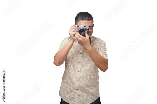 Portrait of photographer with vintage camera on neutral background. Photographer concept. Portrait concept. Copy space.