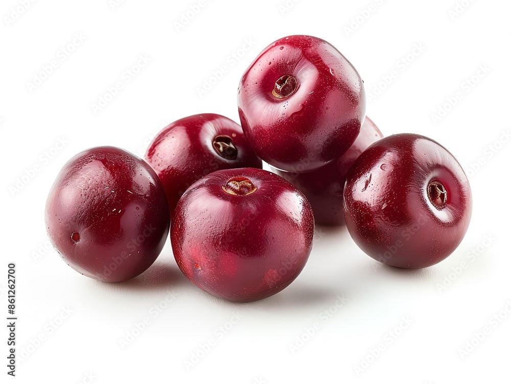 Photorealistic image of Coffea arabica cherries, isolated on white, showing natural details Photorealistic image of Coffea arabica cherries, isolated on white, showing natural details