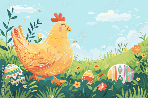 Heartwarming Easter Illustration with Hen, Chicks, and Painted Eggs Nestled in a Cozy Nest for Holiday Cheer