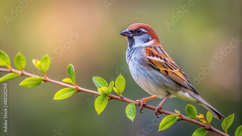 Sparrow perched delicately on a thin, leafy branch, sparrow, bird, nature, wildlife, branch, perched, outdoors, small, feathers
