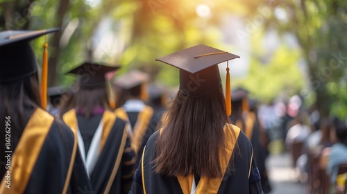 Rear view of university graduates wearing graduation gown and cap on commencement day, celebrating academic achievement.