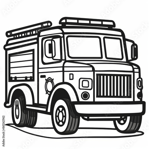 Black and white line art illustration of a fire truck with a ladder on top.