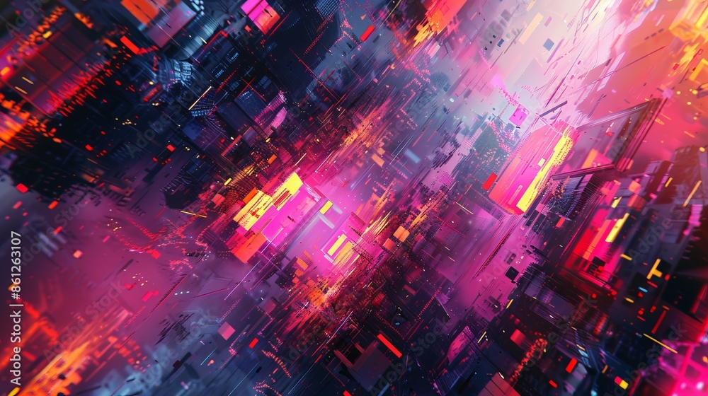 Digital Cityscape With Neon Lights Digital Cityscape With Neon Lights