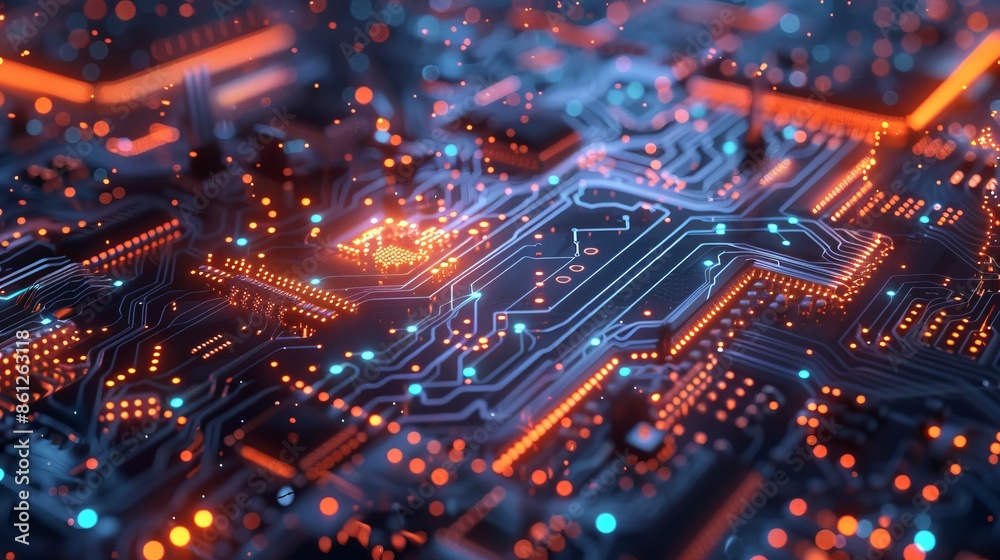 Obraz premium Circuit Board With Orange And Blue Lights