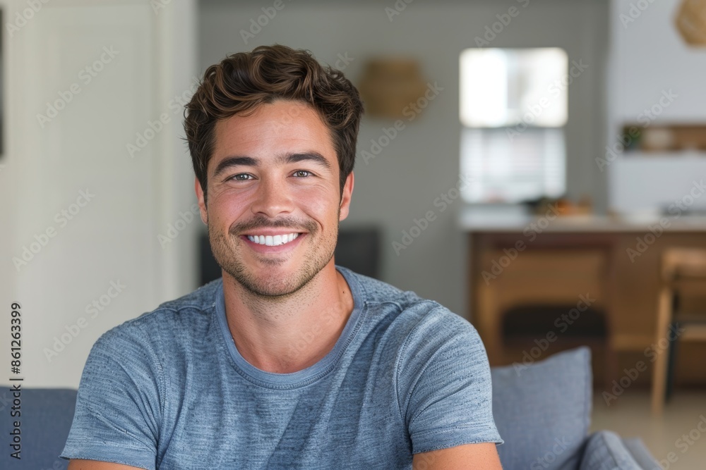 Portrait of a happy man in his 30s smiling at the camera isolated on crisp minimalistic living room