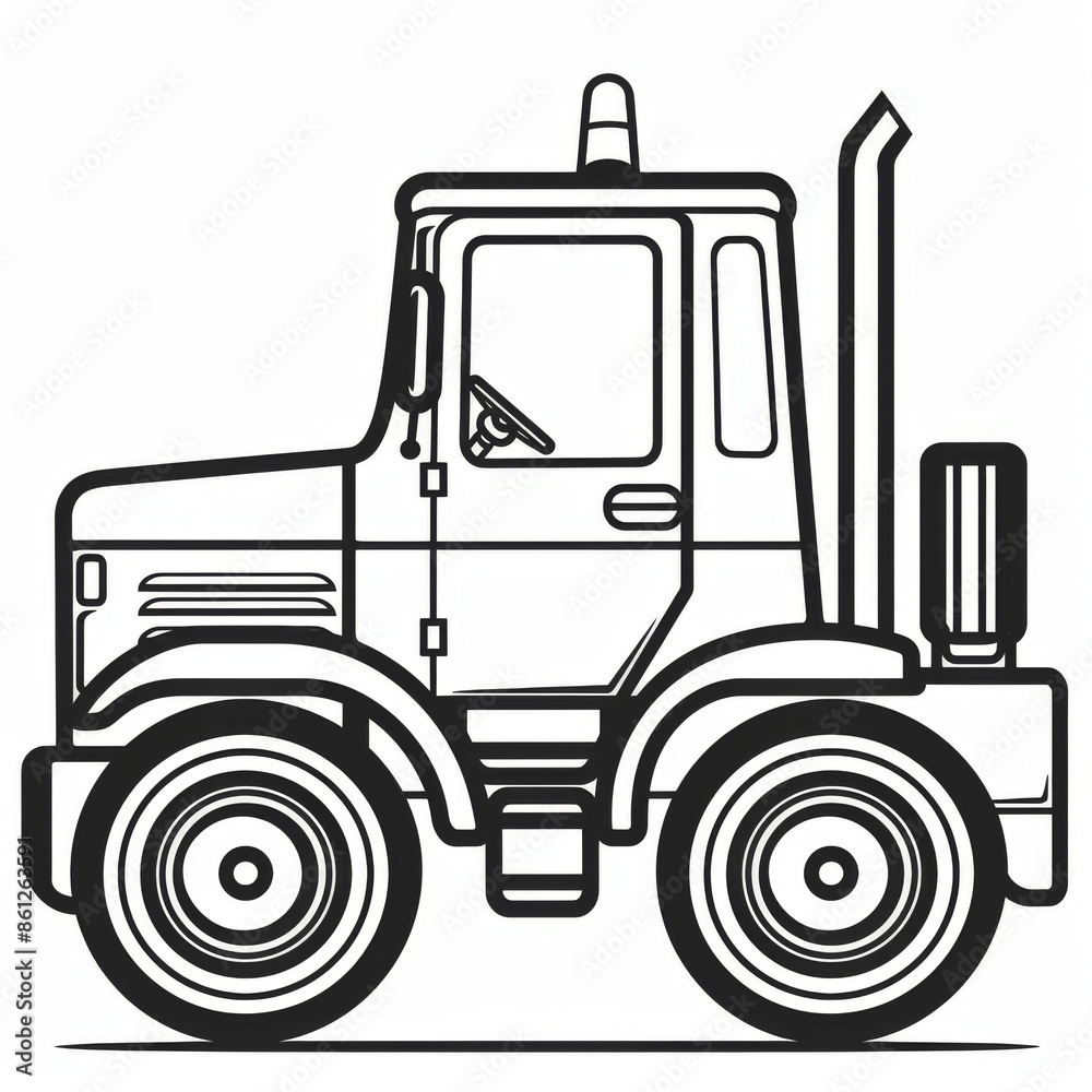 Black and white line art illustration of a side view of a truck, suitable for coloring pages or industrial-themed designs.