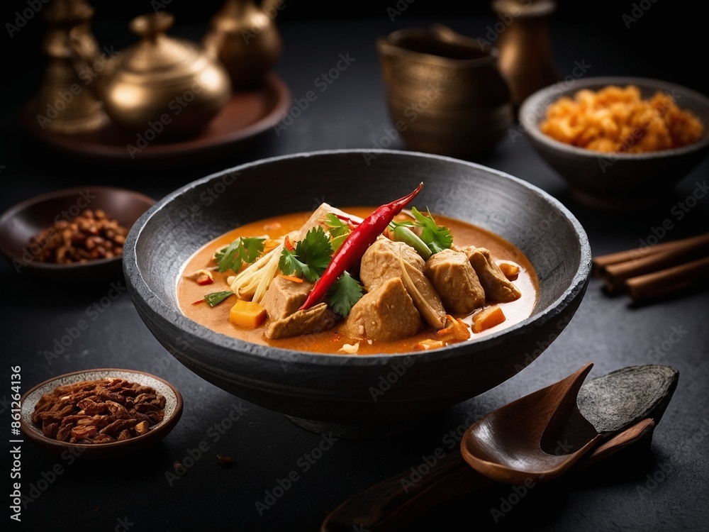 Authentic Thai Massaman Curry with Chicken, famous cuisine dish from Thailand, cinematic food photography Authentic Thai Massaman Curry with Chicken, famous cuisine dish from Thailand, cinematic food photography