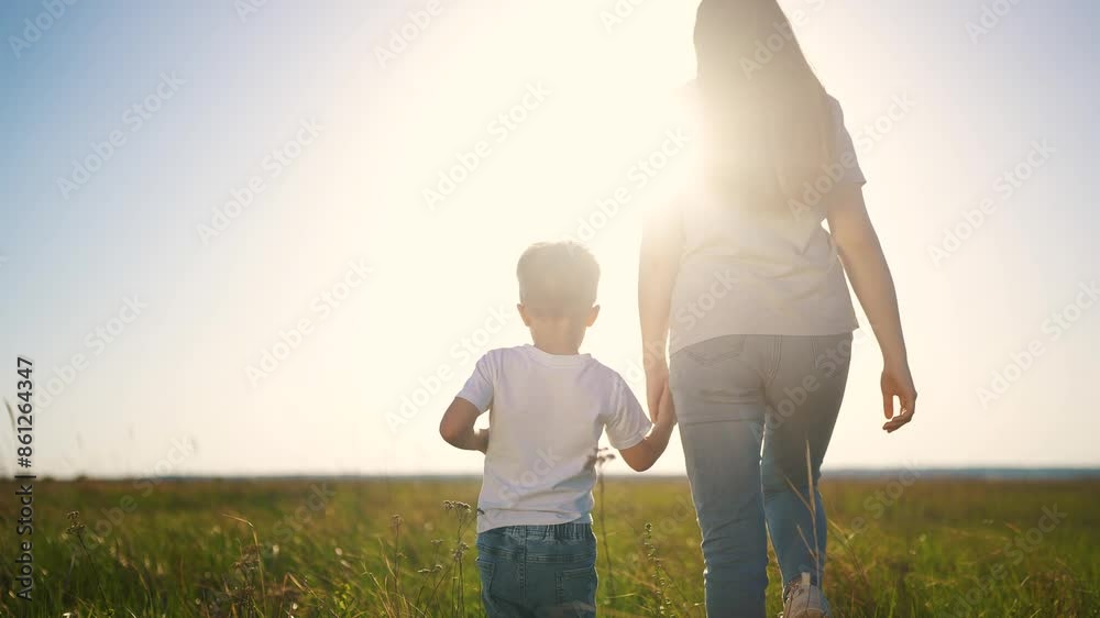 The mother and son walked to the park. happy family kid dream concept. Baby mom is holding hands. mother son holding hands in the park outdoors at sunset view lifestyle from the back walking