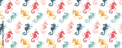 Undersea world. Abstract drawing of colorful seahorses underwater. Vector Pattern with sea inhabitants of the underwater depths. Seamless pattern for fabric, textile, wallpaper, cards.