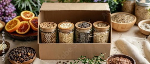 A rustic box containing four glass jars filled with various grains. © Ruby