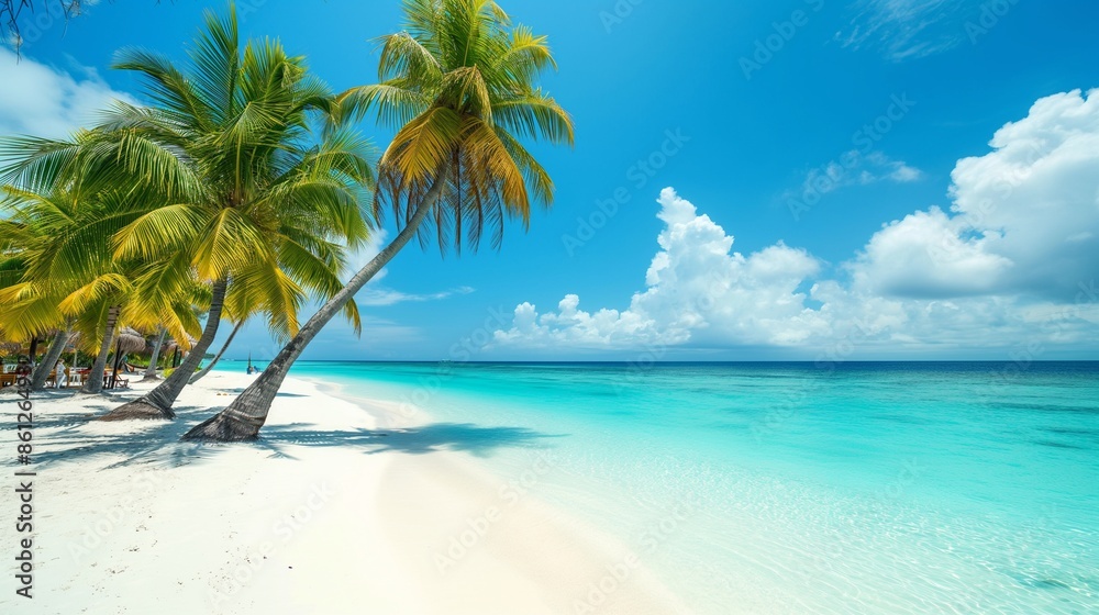 Scenic view of a tropical beach with palm trees, capturing the essence of a paradise getaway Scenic view of a tropical beach with palm trees, capturing the essence of a paradise getaway