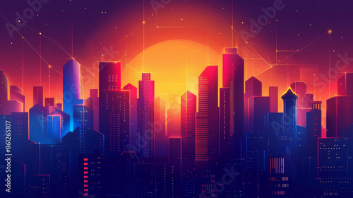 Bright sunset over a futuristic city skyline, with vibrant colors illuminating the modern skyscrapers and creating a dazzling urban view.