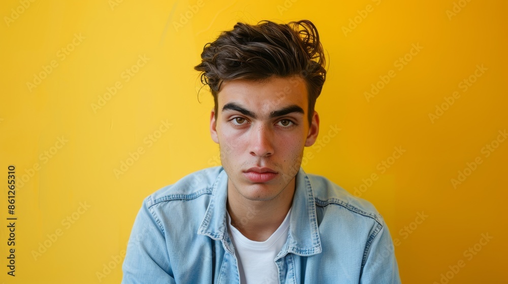 Expressive portrait of a young man with intense expression against yellow background Expressive portrait of a young man with intense expression against yellow background