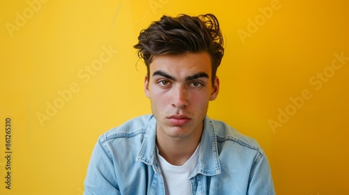 Expressive portrait of a young man with intense expression against yellow background © gankevstock