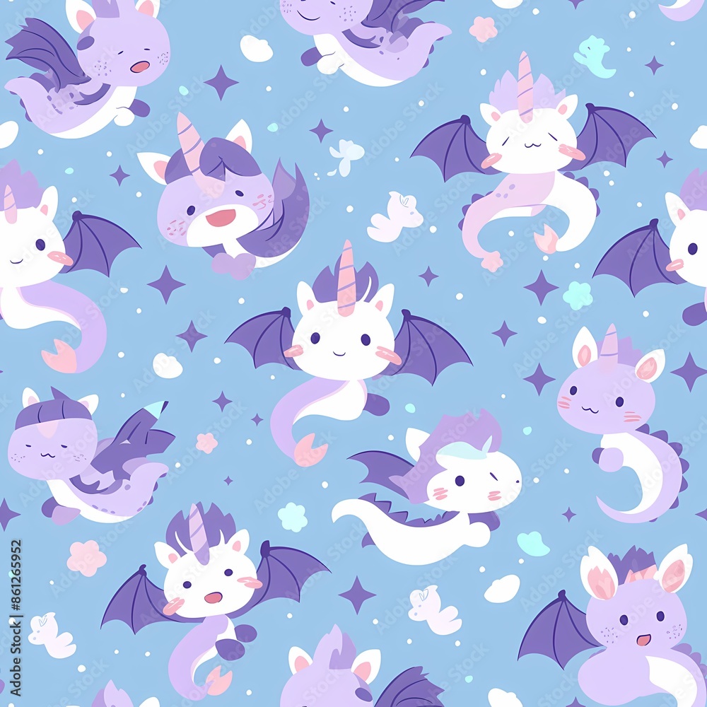 A seamless vector pattern of chibi fantasy creatures. Illustrate various chibi creatures such as dragons, unicorns, elves, and fairies. Each creature should be depicted in an adorable, cartoonish A seamless vector pattern of chibi fantasy creatures. Illustrate various chibi creatures such as dragons, unicorns, elves, and fairies. Each creature should be depicted in an adorable, cartoonish