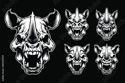 Dark Art Scary Angry Beast Rhino Skull Head with Sharp Horn Black and White Illustration