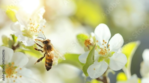 Honeybee Collecting Nectar from White Blossoms in Sunlit Garden - Close-Up Nature Photography