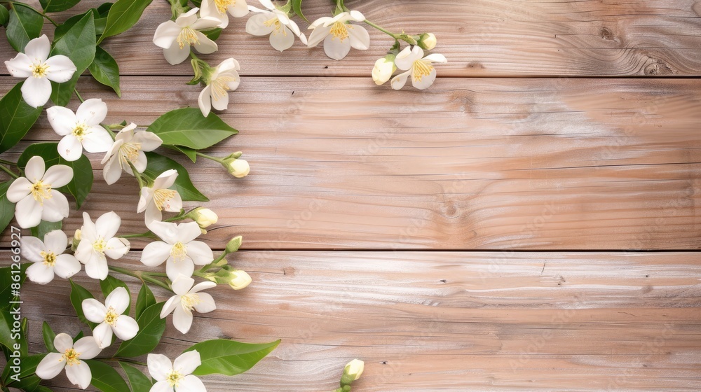 A flat lay image of white jasmine flowers with green leaves arranged on a light brown wooden tabletop background A flat lay image of white jasmine flowers with green leaves arranged on a light brown wooden tabletop background