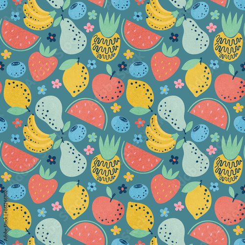 Fruits seamless pattern. Cartoon colorful background with fruit in simple hand drawn style. Pastel trendy colors background for children. Summer print. Perfect for stationery, fabric, packaging.